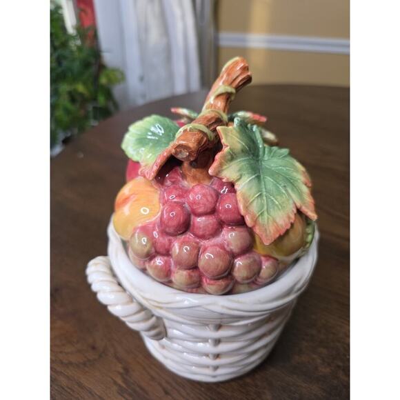 Fitz & Floyd Basket Weave Cookie Jar / Canister - Apple Plums Pear Grape 9 X 7 - Picture 13 of 16